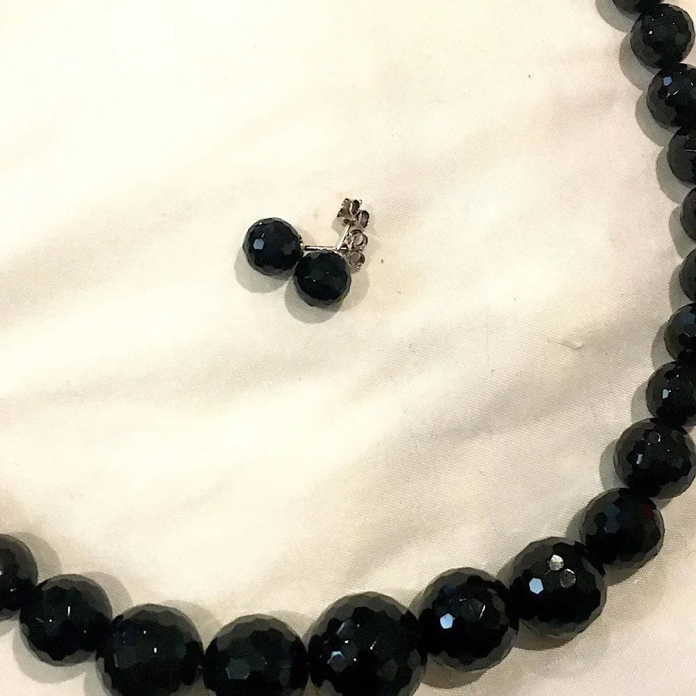 Vintage Black Onyx Faceted Necklace & Faceted Onyx Sterling Silver Earrings Set
